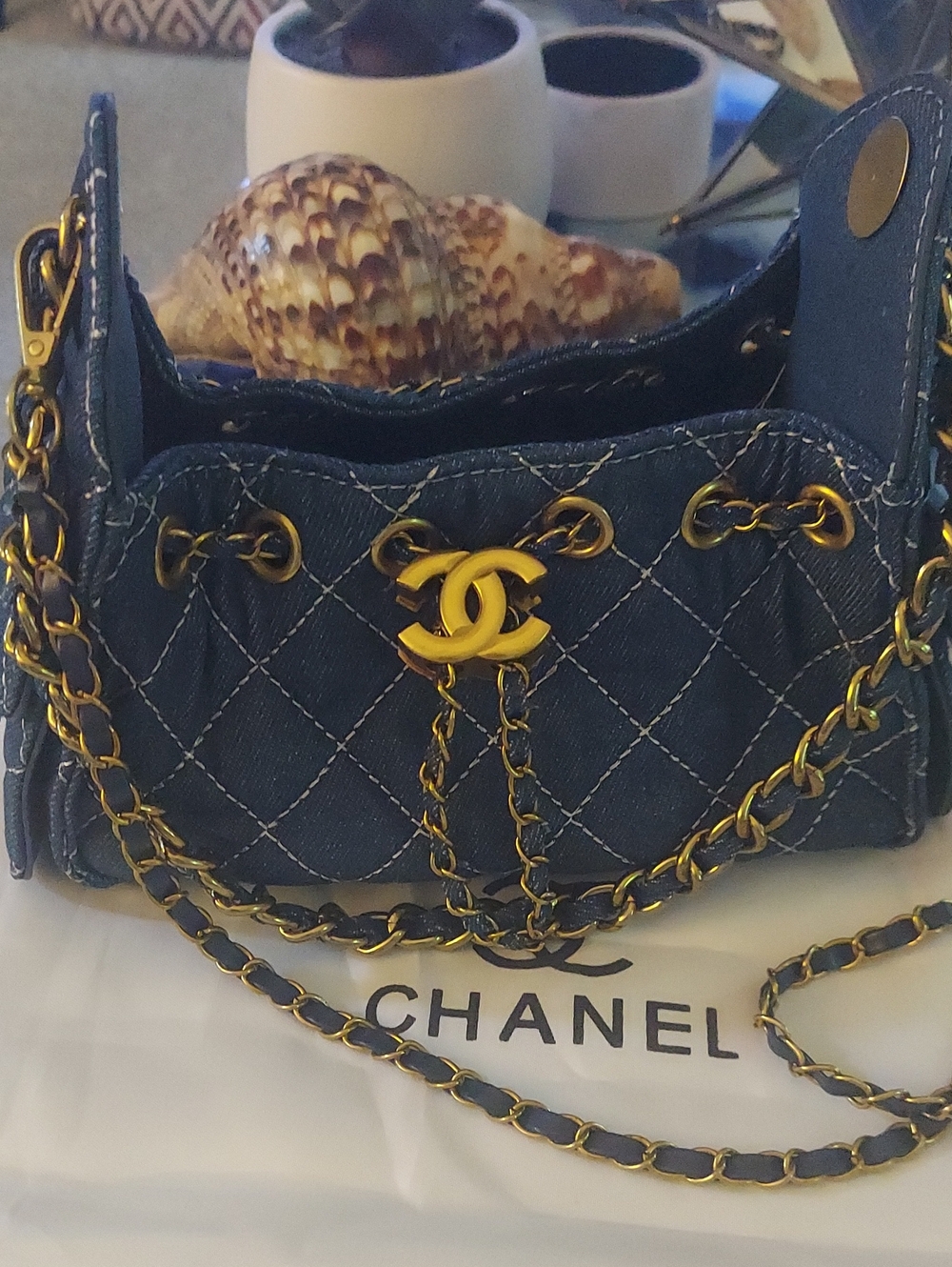 FASHION Blue Quilted Denim Drawstring Shoulder Bag with Gold Hardware